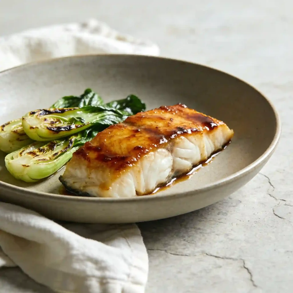 A beautiful matte plate featuring the flaky, caramelized crust on a healthy miso cod recipe with baby bok choy.
