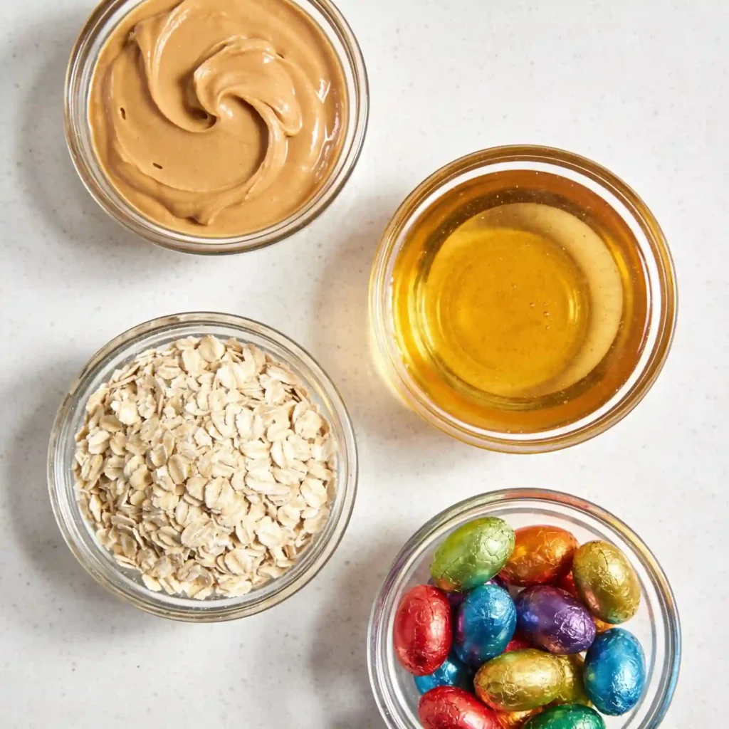 Small bowls filled with rolled oats, peanut butter, honey, and chocolate candies.