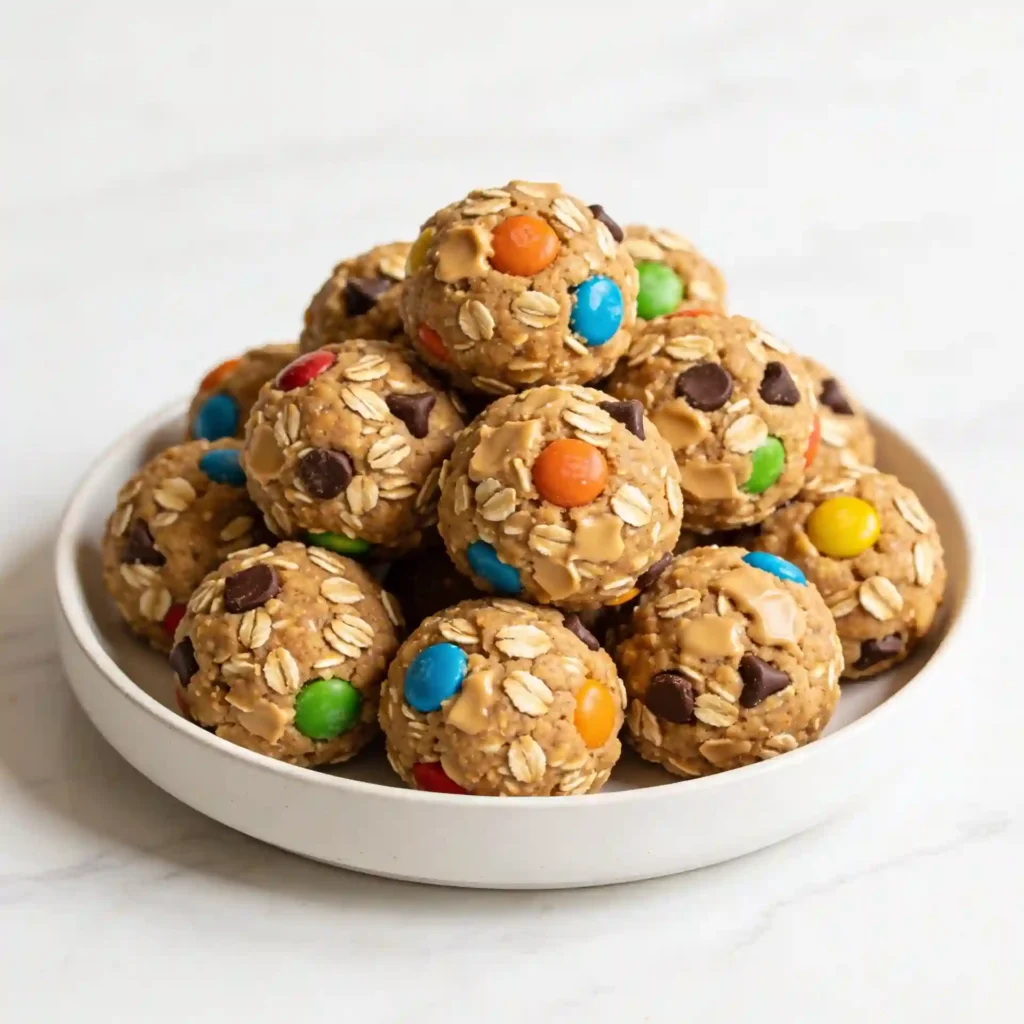 Healthy monster cookie bites served on a small plate.