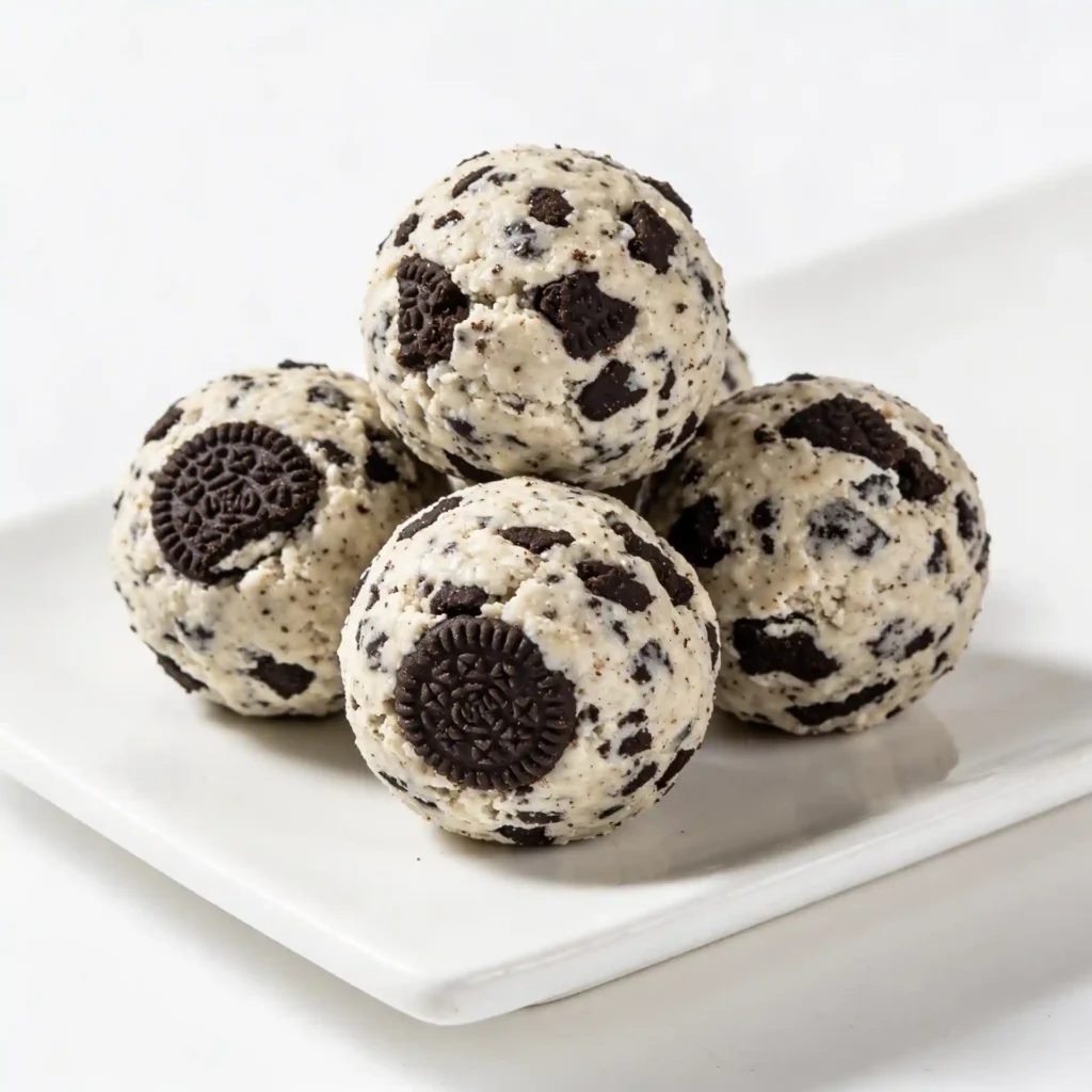 A cluster of healthy cookies and cream energy balls served on a sleek rectangular white plate.