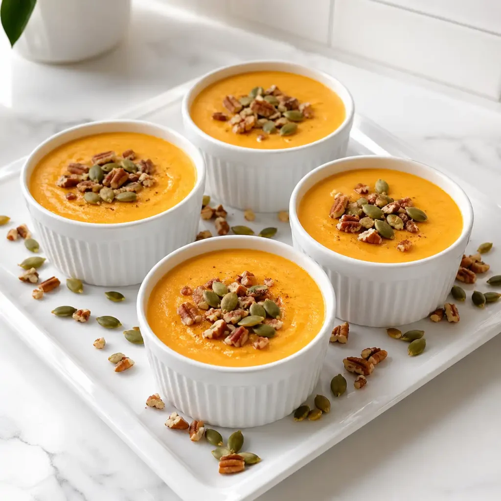 Four white ceramic ramekins filled with smooth orange pumpkin cottage cheese mousse, arranged on a glossy white platter with pumpkin seeds.