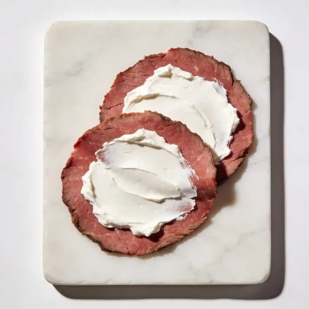 Preparing the base sheet of roast beef and cream cheese for healthy roast beef lunch ideas.