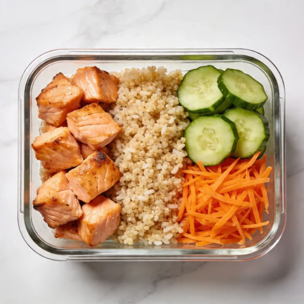 A glass meal prep container filled with healthy salmon rice bowls and fresh vegetables on a marble counter.