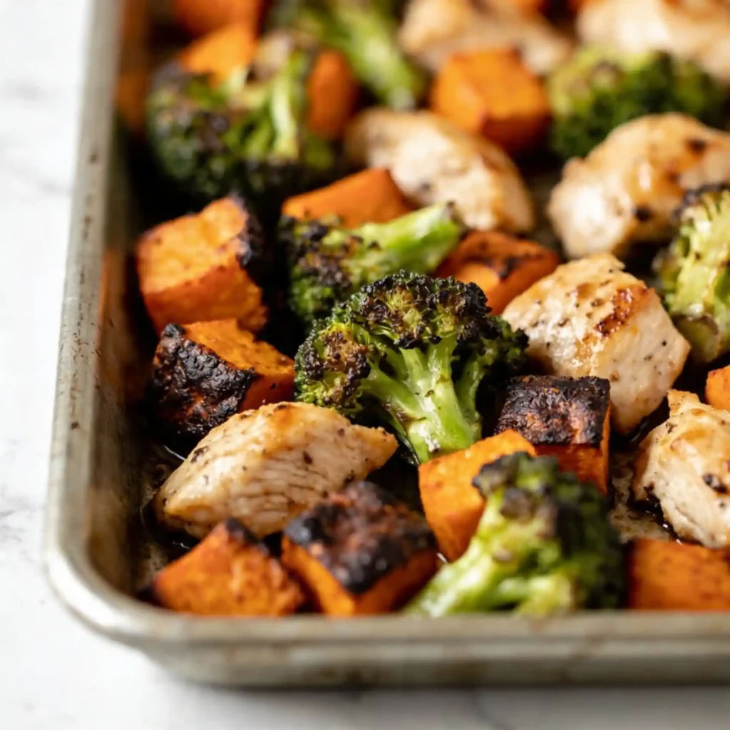 A close-up of crispy, dark roasted edges on broccoli and sweet potatoes for healthy sheet pan chicken and veggies.