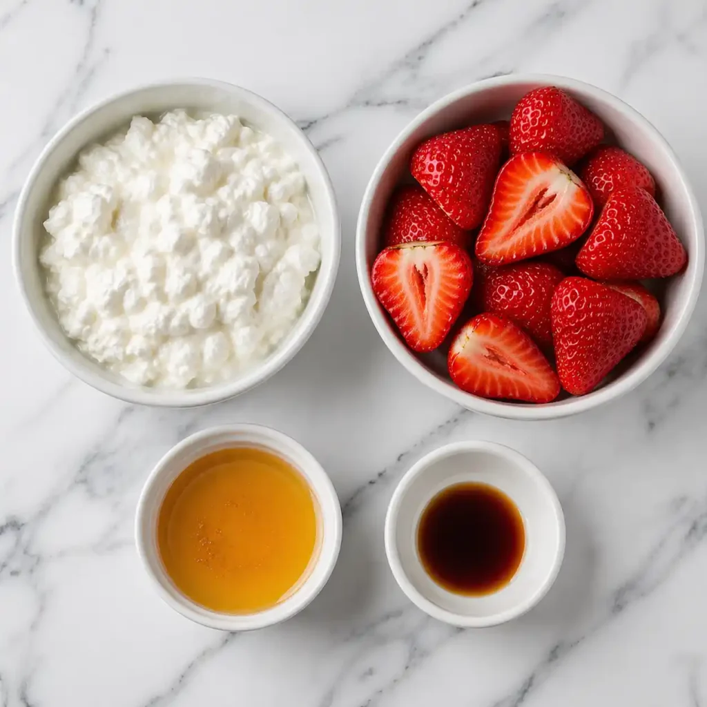 Small modern white bowls filled with cottage cheese, fresh strawberries, honey, and vanilla on a marble counter.
