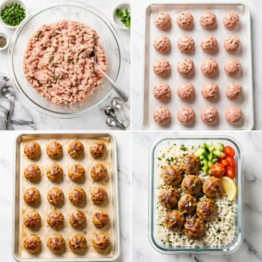 A four-panel image showing the easy steps to make a healthy turkey meatball meal prep.