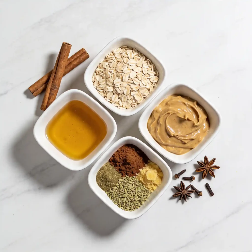 Small modern white bowls filled with oats, almond butter, spices, hemp hearts, and maple syrup on a marble counter.