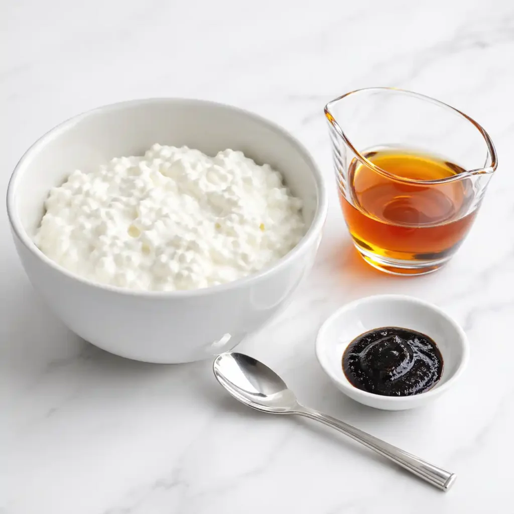 A bowl of thick cottage cheese, a glass of maple syrup, and vanilla bean paste arranged neatly on a white marble surface.