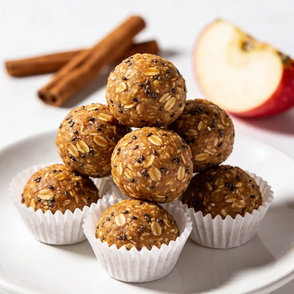 A small cluster of apple cinnamon bites in white cupcake liners on a glossy white surface with a cinnamon stick.