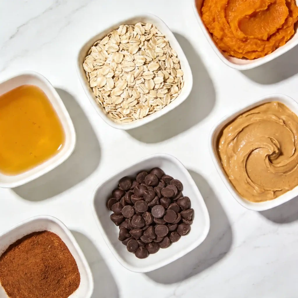 Small modern white bowls filled with oats, pumpkin puree, almond butter, spices, chocolate chips, and maple syrup on a marble counter.