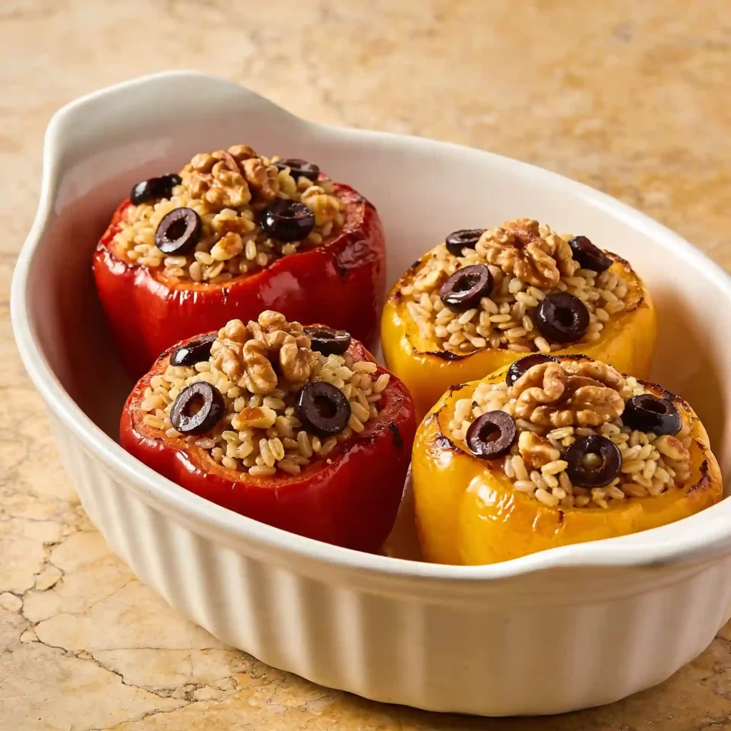 A gorgeous, fully baked dish of Farro and Walnut Stuffed Peppers representing the best healthy vegetarian stuffed peppers.