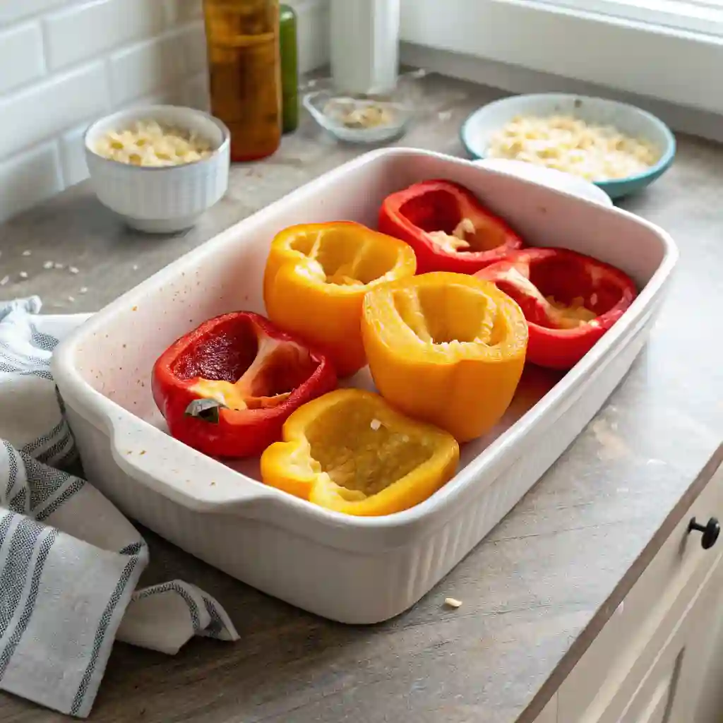 Hollowed out, pre-baked bell peppers sitting in a ceramic dish preparing for healthy vegetarian stuffed peppers.