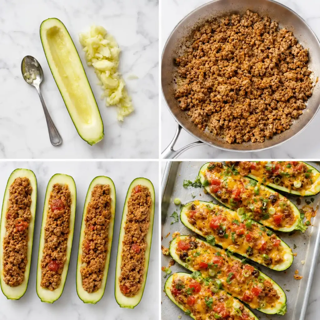 A 4-panel collage showing the scooping, cooking, stuffing, and baking steps for zucchini taco boats.