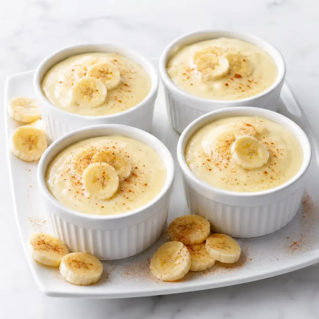 Four white ceramic ramekins filled with smooth pale yellow cottage cheese banana pudding, arranged on a glossy white platter with fresh bananas.