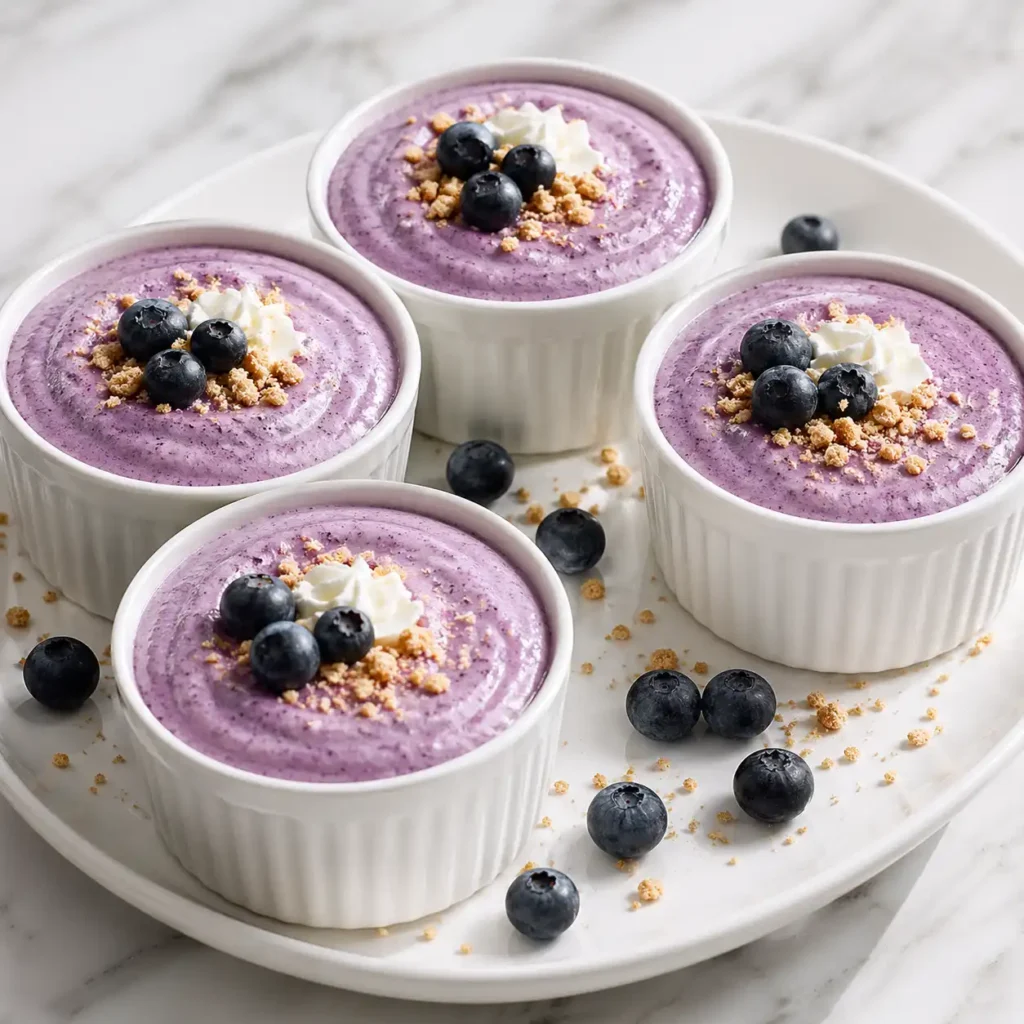 Four white ceramic ramekins filled with smooth purple blueberry cottage cheese mousse, arranged on a glossy white platter with fresh blueberries.