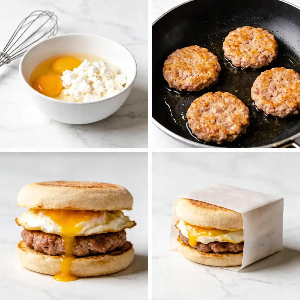 A four-panel image showing how to cook and wrap high protein breakfast sandwiches.