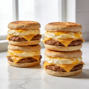 Two tall stacks of high protein breakfast sandwiches on a white marble counter.