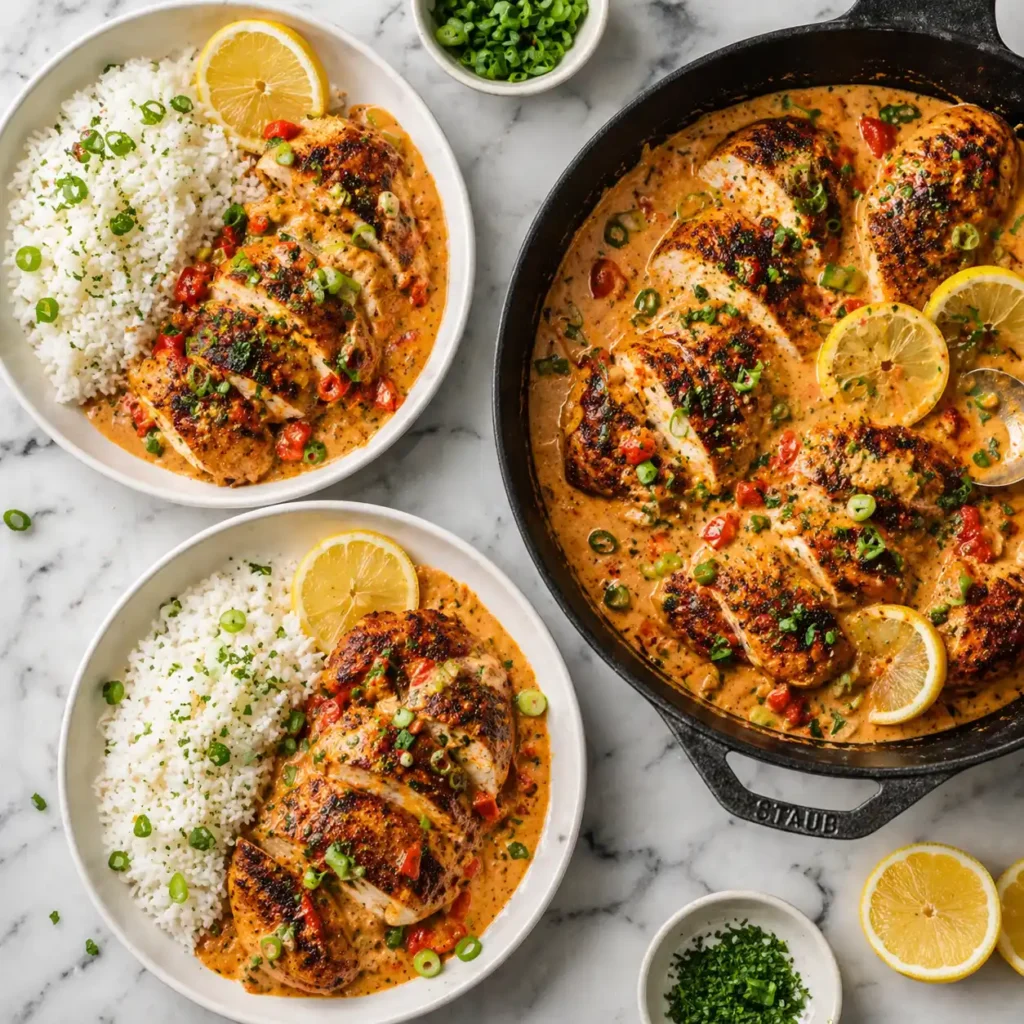 A top-down flat lay of two plates of creamy cajun chicken and rice next to a cast iron skillet on marble.