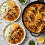 A top-down flat lay of two plates of creamy cajun chicken and rice next to a cast iron skillet on marble.