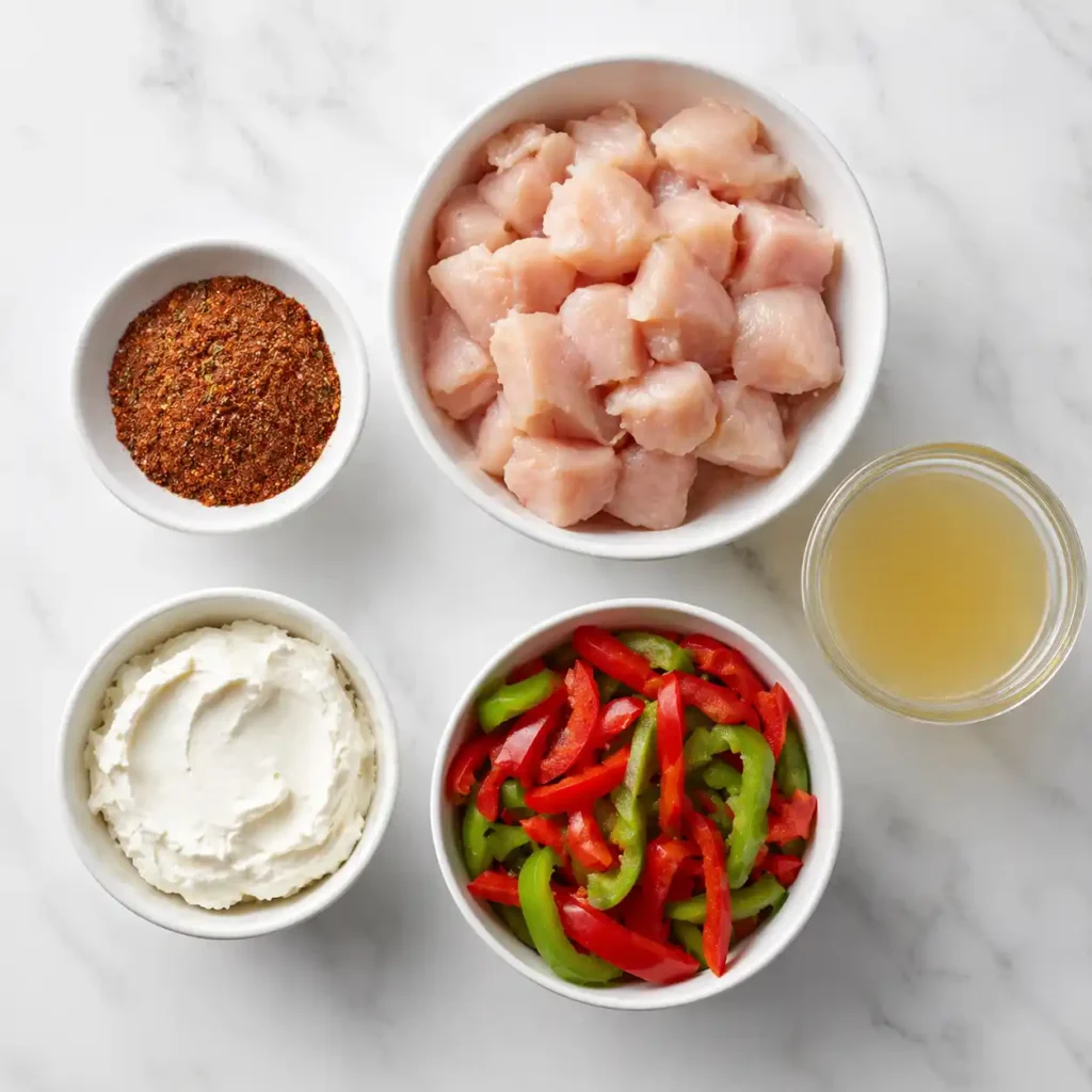 Raw ingredients for creamy cajun chicken arranged in white bowls on a marble surface.