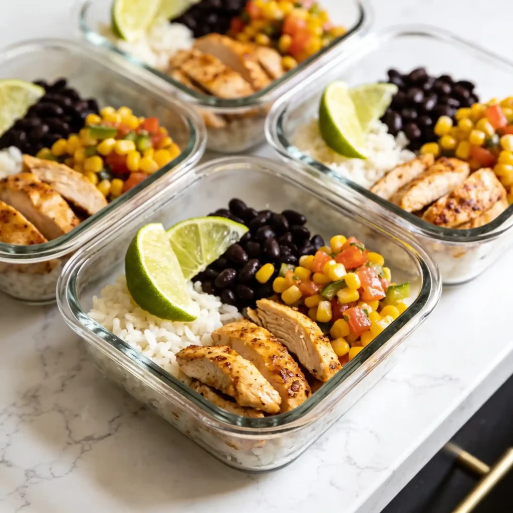 Four glass meal prep containers filled with high protein chicken burrito bowls.