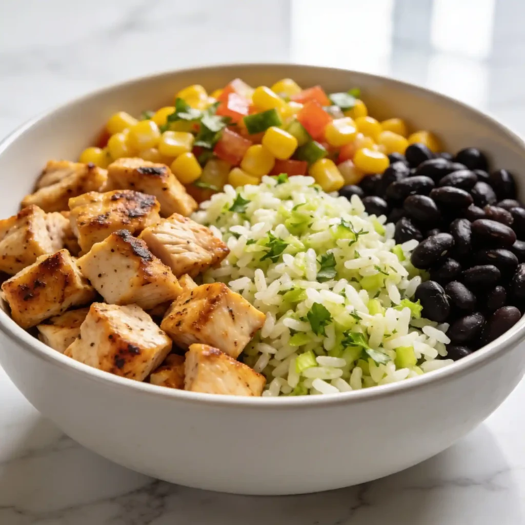 A white ceramic bowl filled with a high protein chicken burrito bowl featuring rice, beans, and seasoned chicken.