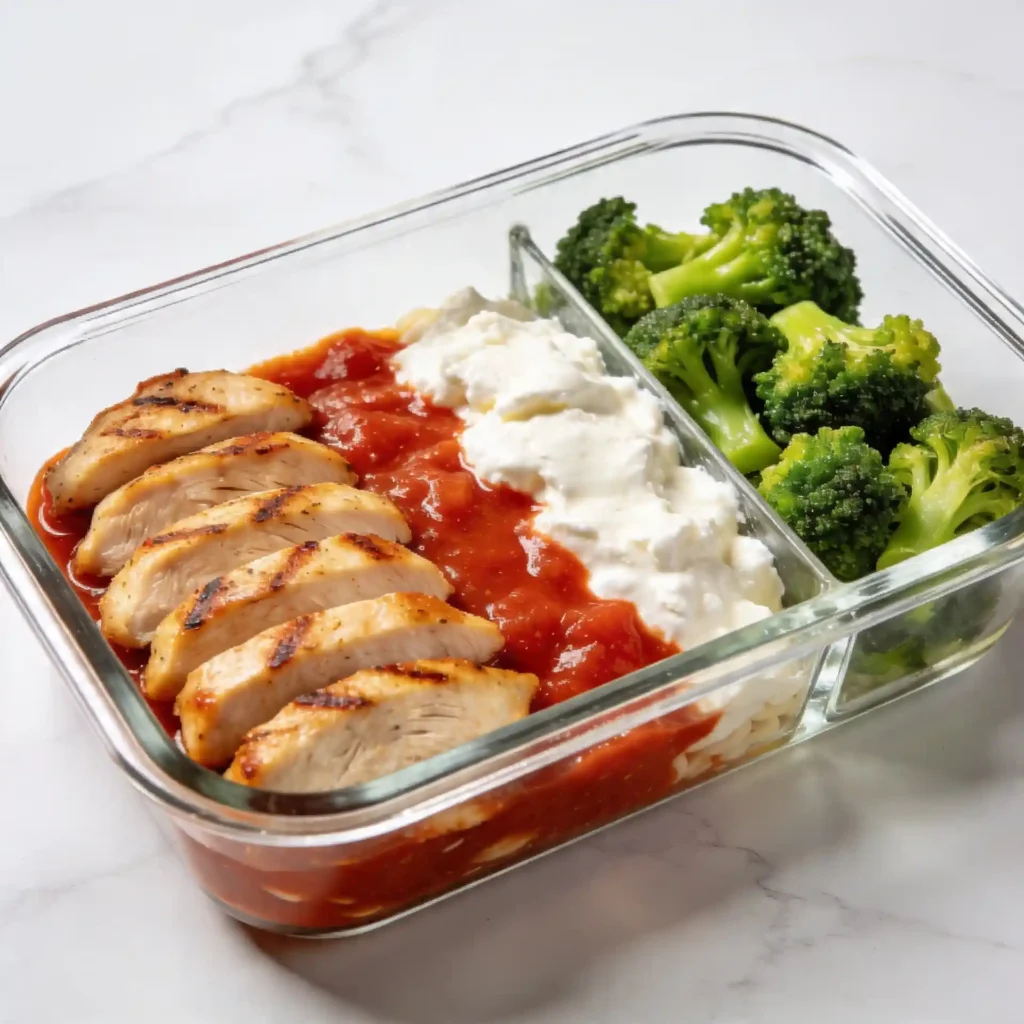 A glass meal prep container filled with a high protein chicken parm bowl and broccoli on a marble counter.