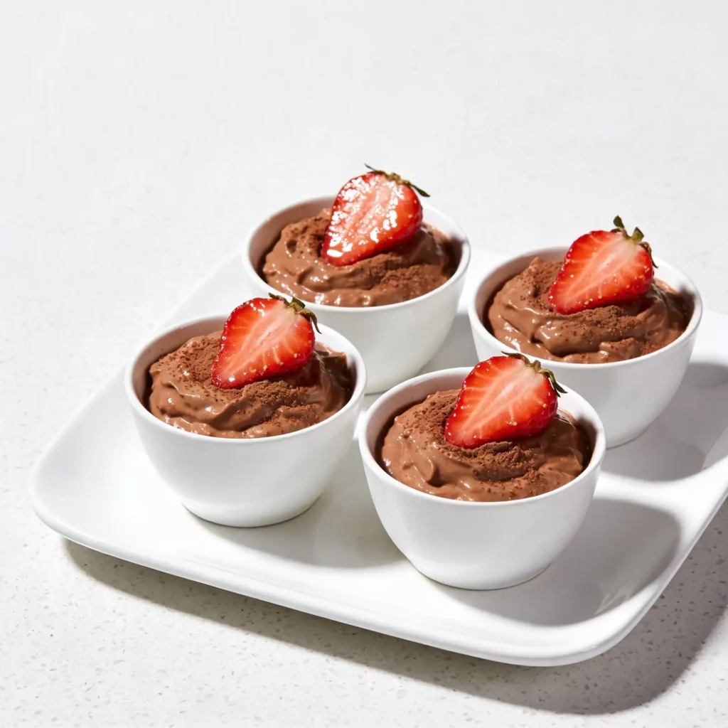 A beautiful arrangement of four white ceramic ramekins containing creamy chocolate peanut butter mousse topped with fresh strawberries on a modern white platter.