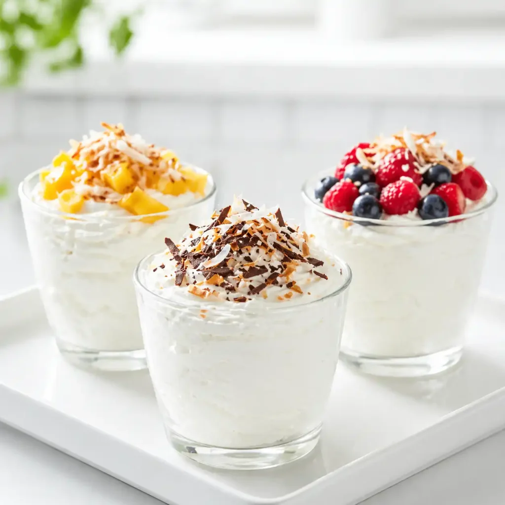 Three glass tumblers of pure white coconut cottage cheese mousse on a white tray, each featuring different healthy toppings like diced mango, chocolate shavings, and mixed berries.