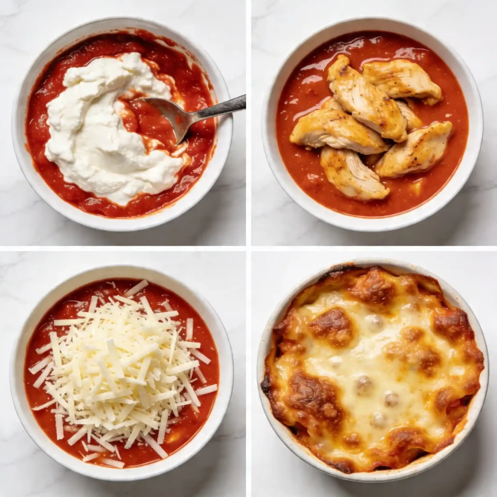 A four-panel image showing the easy steps to make a high protein cottage cheese chicken parm bowl.