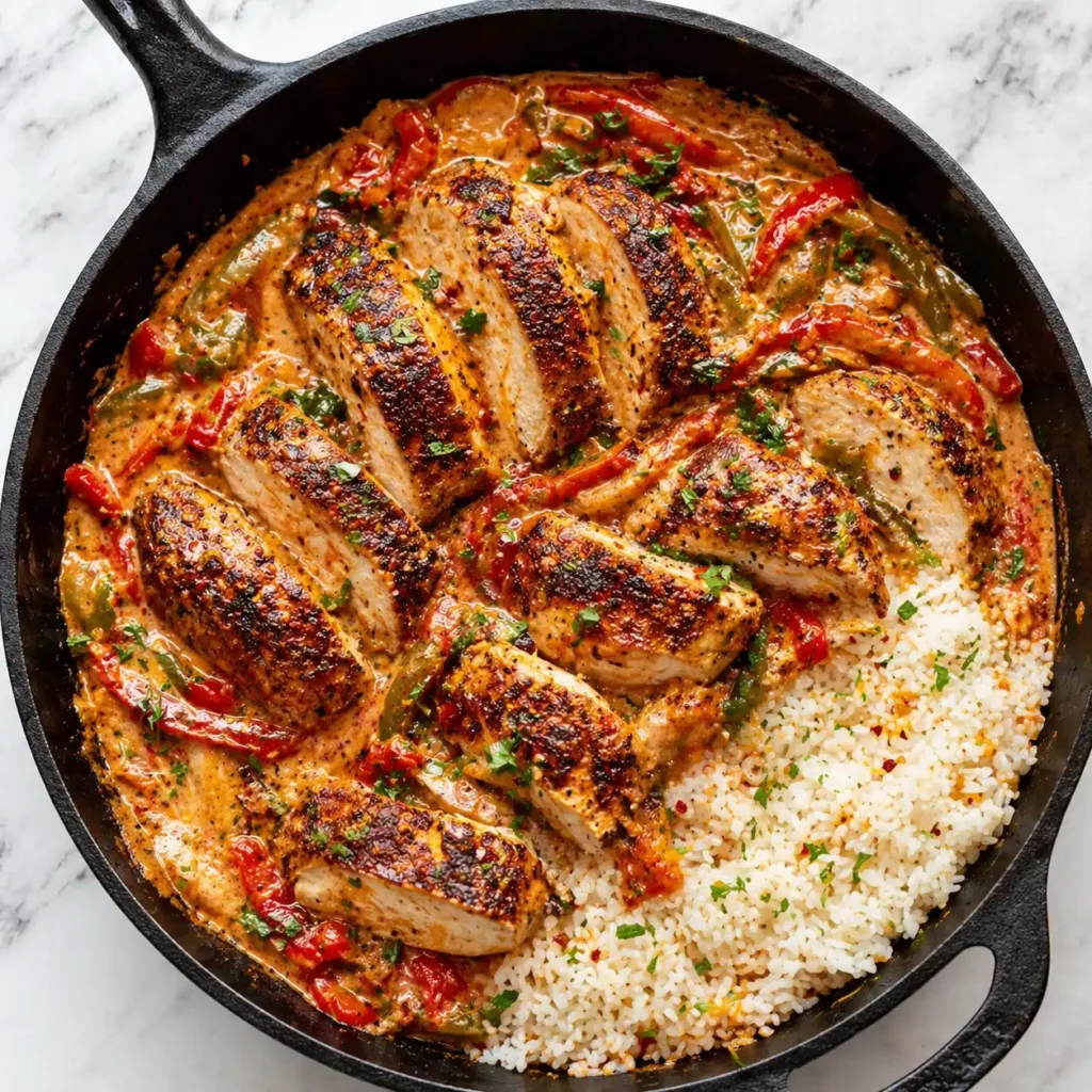 A top-down flat lay view of a cast iron skillet filled with glossy, creamy High Protein Creamy Cajun Chicken and peppers on white marble.