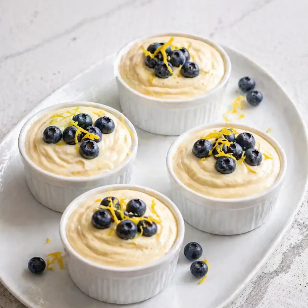 A beautiful arrangement of four white ceramic ramekins containing creamy lemon cottage cheese mousse topped with blueberries on a modern white platter.