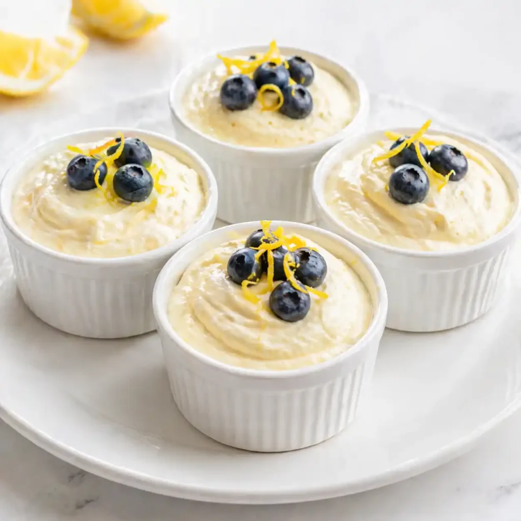 Four white ceramic ramekins of high protein lemon cottage cheese mousse resting neatly on a large, sleek white ceramic platter.