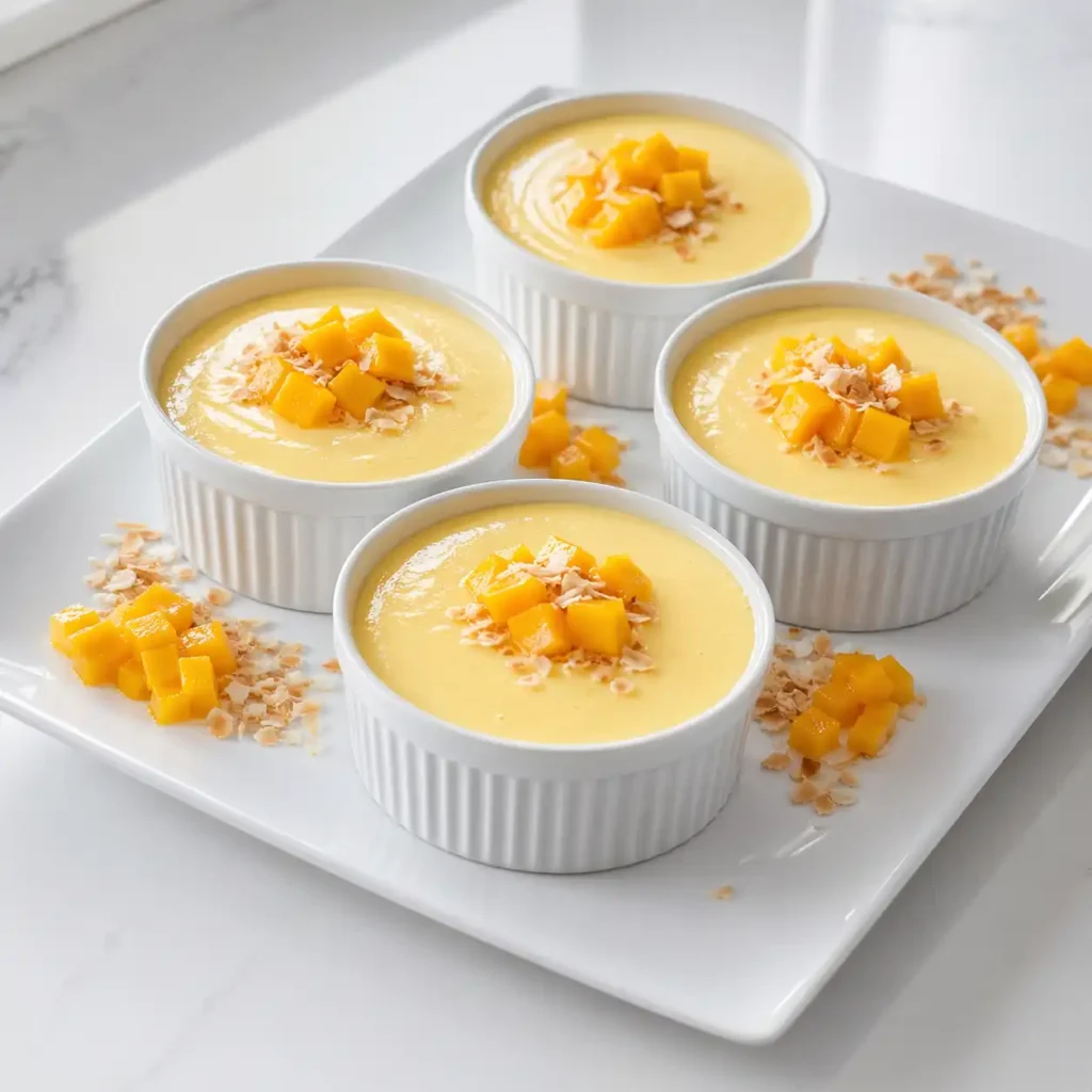 Four white ceramic ramekins filled with smooth yellow mango cottage cheese mousse, arranged on a glossy white platter with fresh mango and coconut.