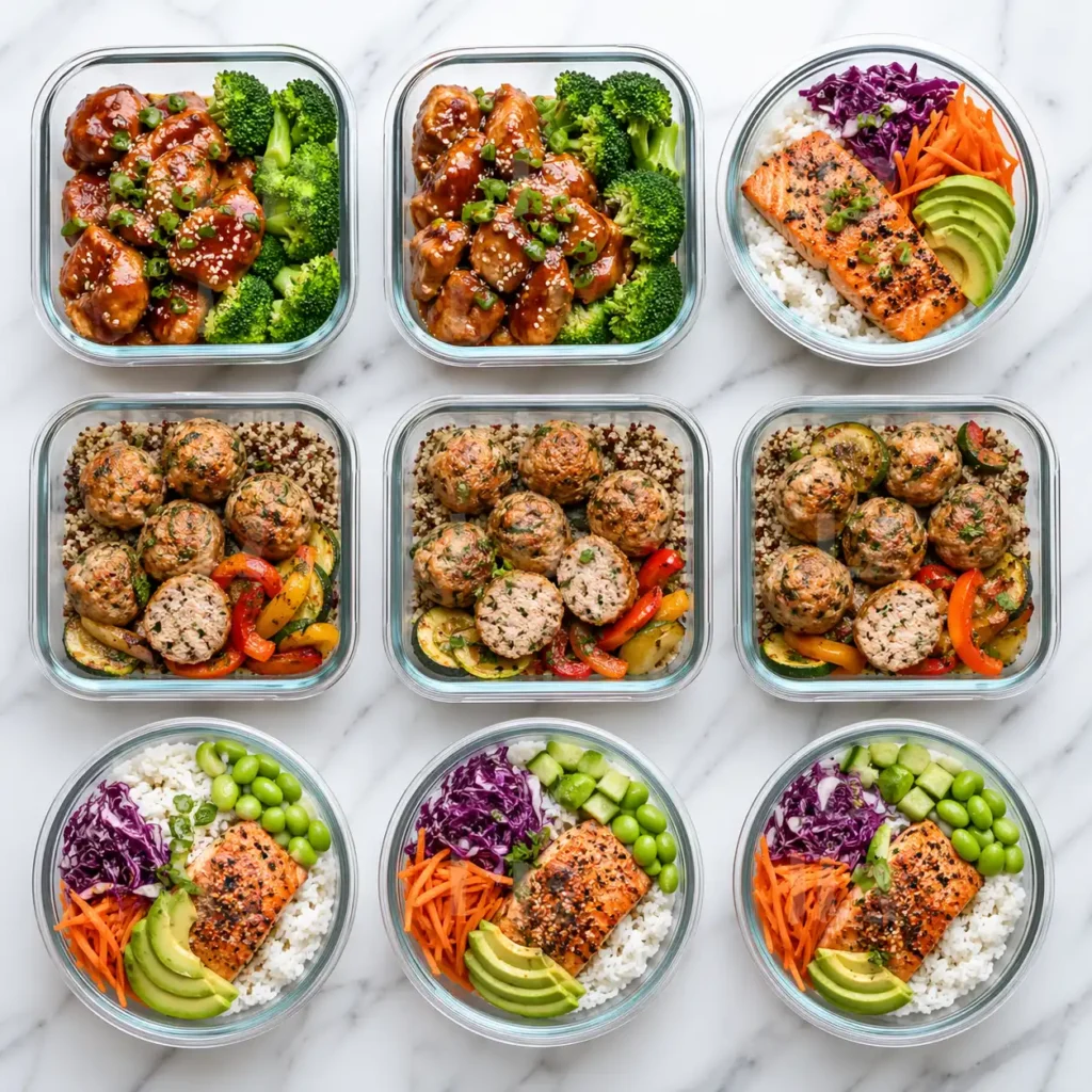 A neat arrangement of glass containers filled with high protein meal prep recipes on a white marble surface.