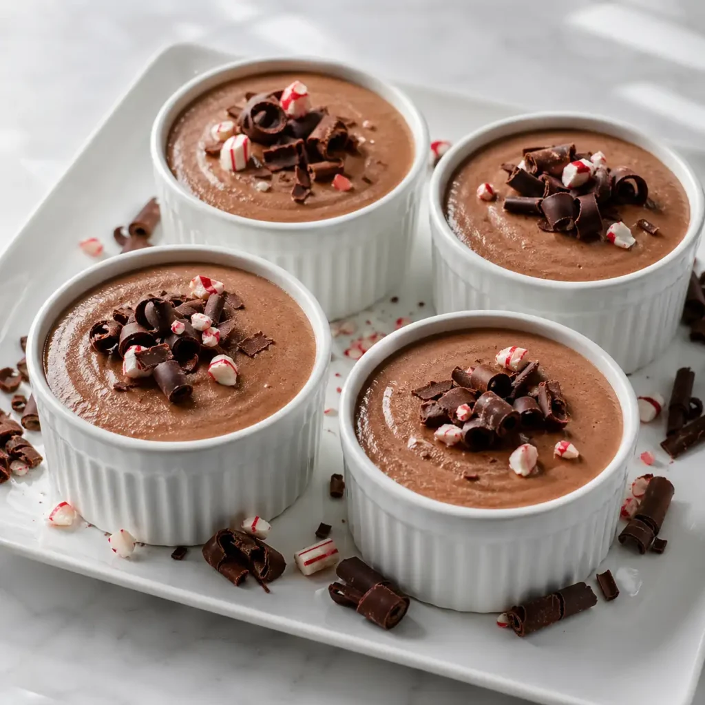 Four white ceramic ramekins filled with smooth dark brown mint chocolate cottage cheese mousse, arranged on a glossy white platter with peppermint candies.