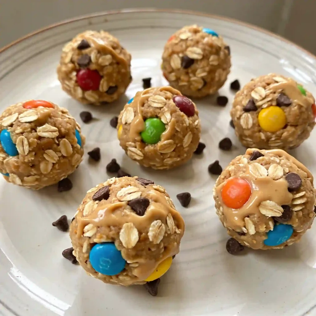 A large plate of high protein monster cookies showing their rolled oat and peanut butter texture.