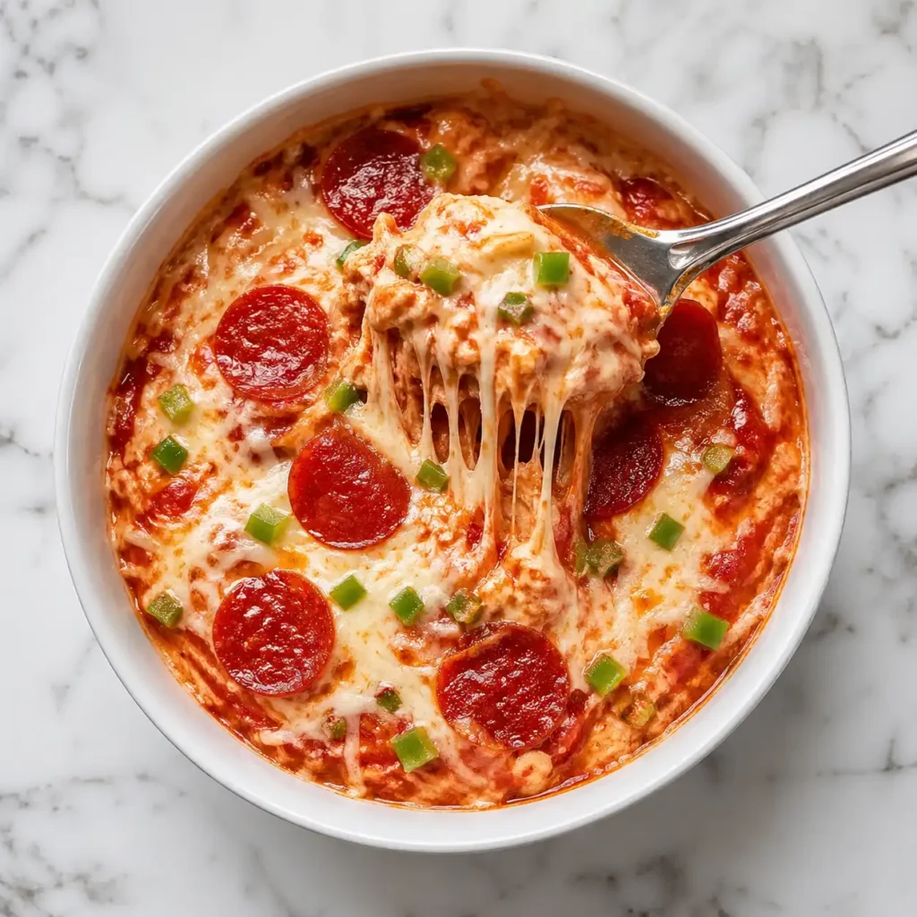 A close-up top-down view showing the thick, cheesy texture of a low carb pizza bowl.