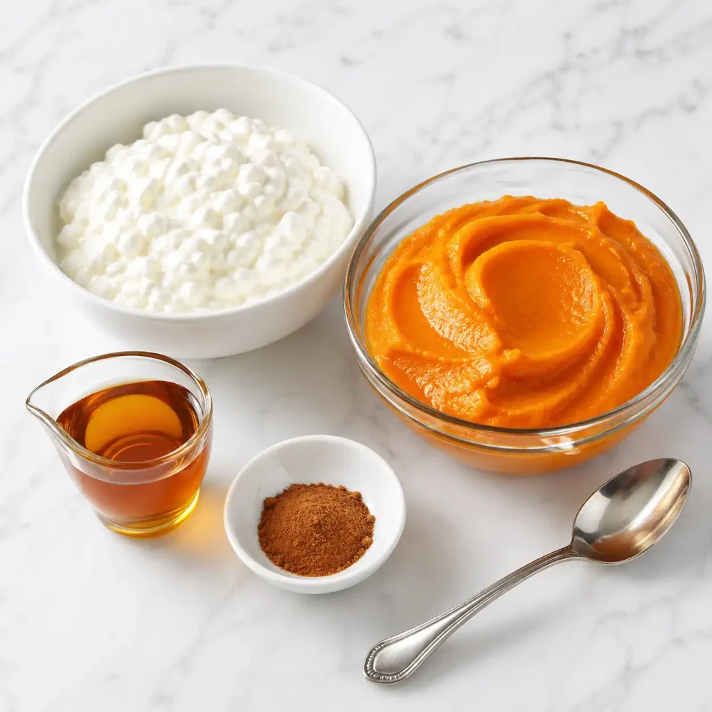 A bowl of thick cottage cheese, orange pumpkin puree, cinnamon, and a glass of maple syrup arranged neatly on a white marble surface.