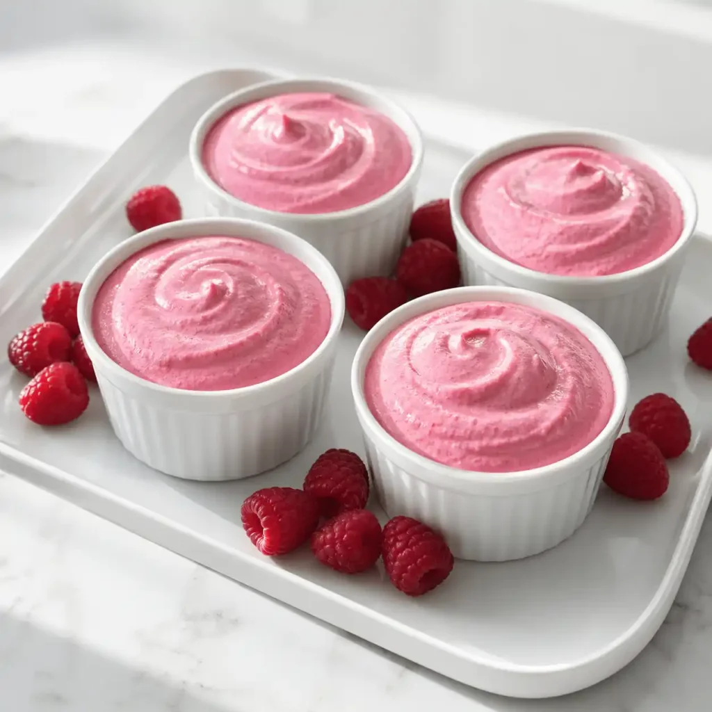 Four white ceramic ramekins filled with smooth pink raspberry cottage cheese mousse, arranged on a glossy white platter with fresh raspberries.