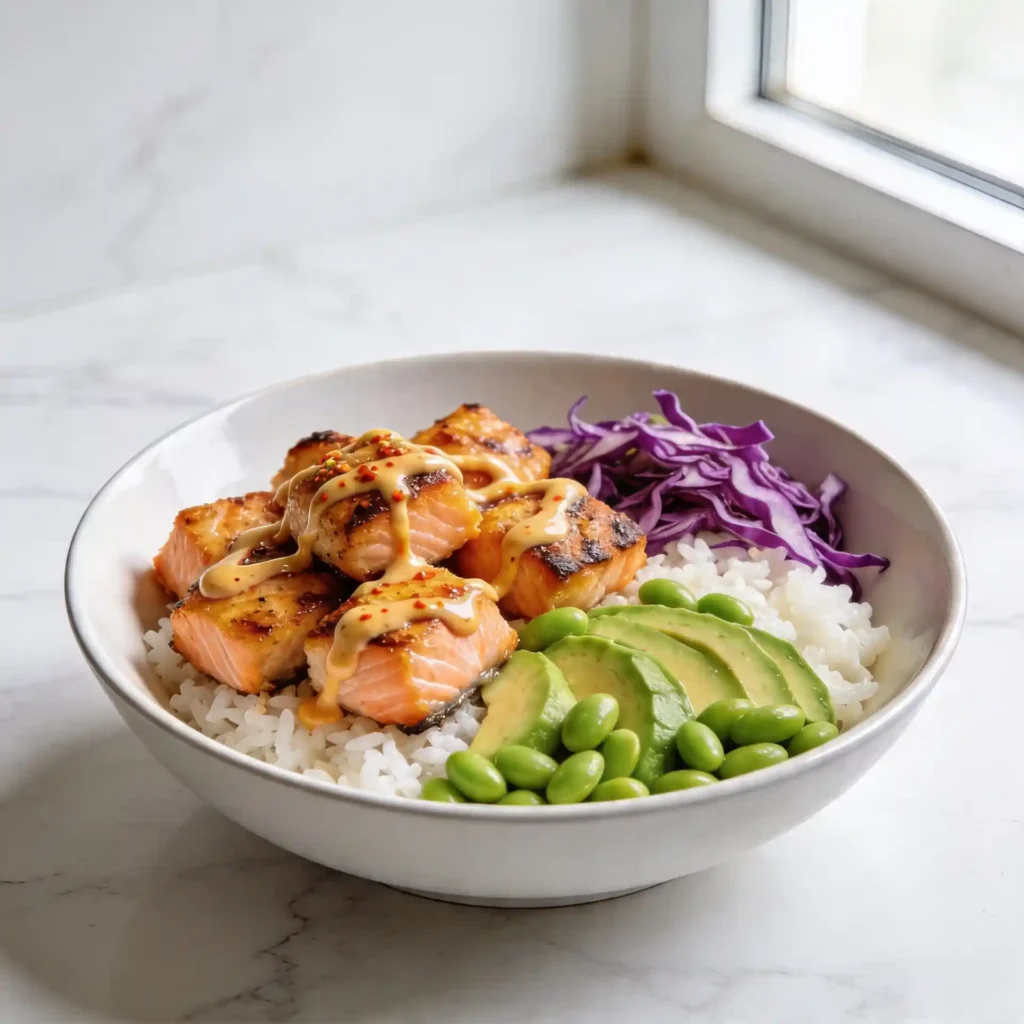 A close-up of creamy spicy mayo drizzled over seared salmon bites in a high protein salmon bowl.