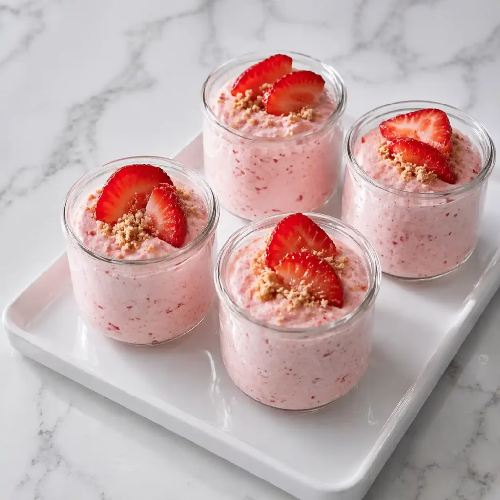 A beautiful arrangement of four elegant glass jars containing creamy pink strawberry cottage cheese mousse on a modern white platter.