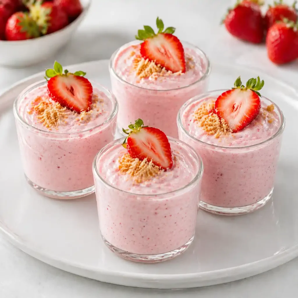 Four glass jars of high protein strawberry cottage cheese mousse resting neatly on a large, sleek white ceramic platter.
