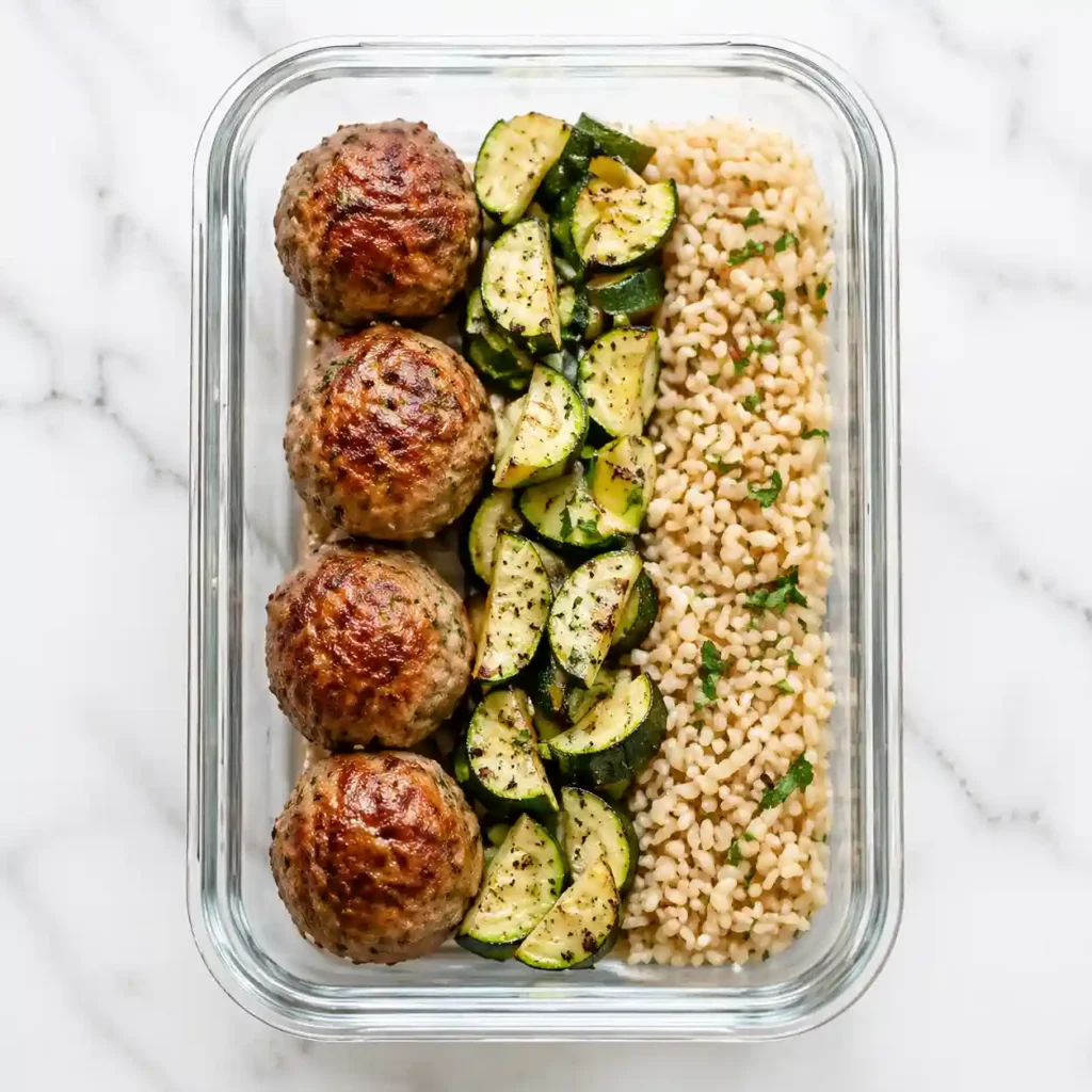 A glass meal prep container filled with high protein turkey meatballs organized in neat rows on a marble counter.
