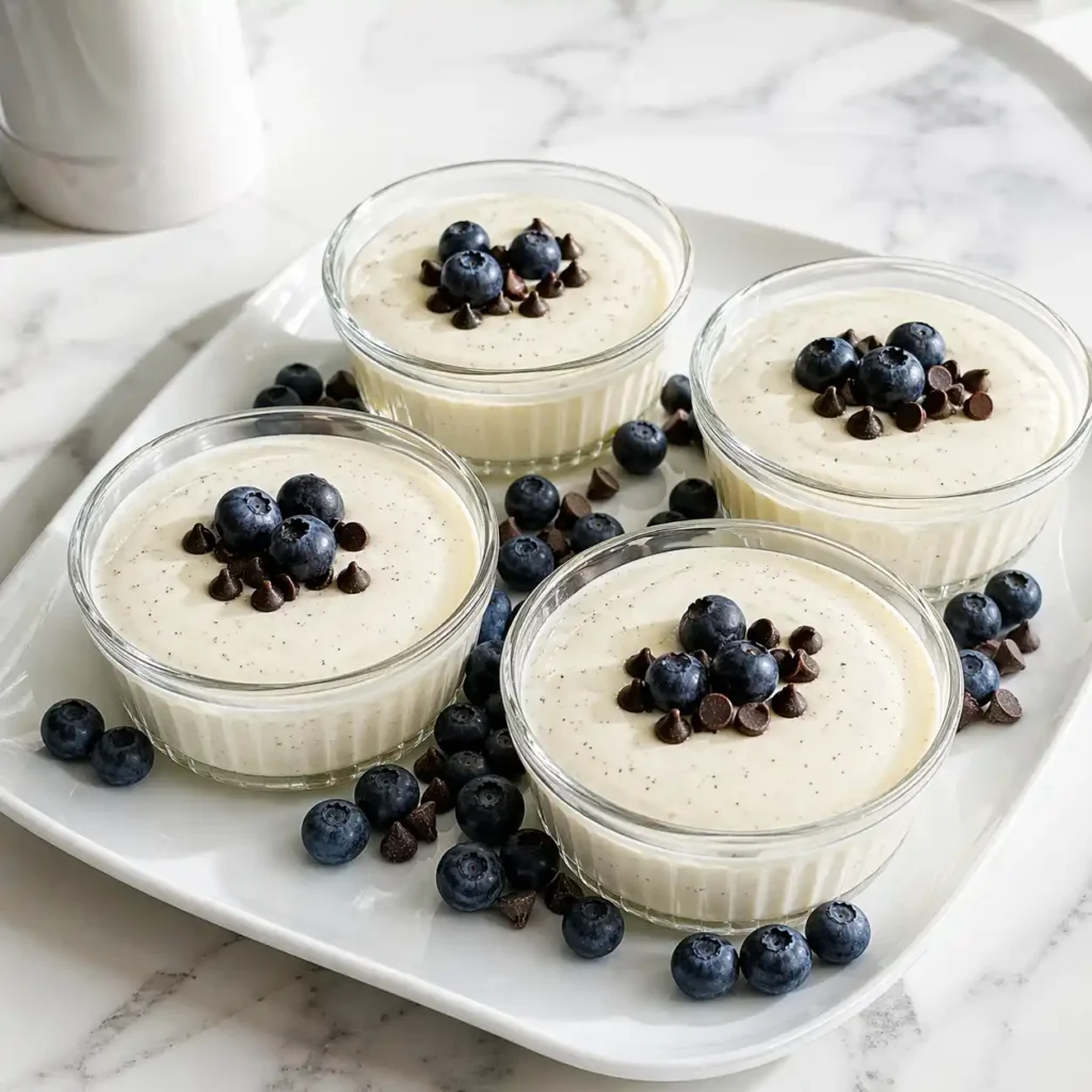 Four white ceramic ramekins filled with smooth vanilla cottage cheese mousse, arranged on a glossy white platter with fresh blueberries.