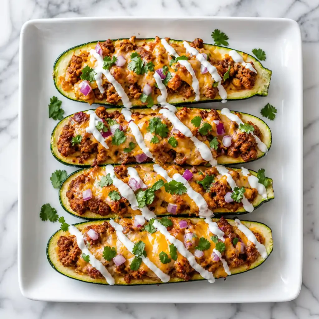A top-down flat lay view of four baked High Protein zucchini taco boats stuffed with ground turkey and melted cheese on white marble.
