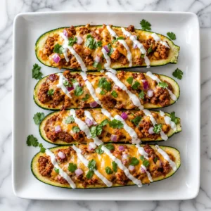 A top-down flat lay view of four baked High Protein zucchini taco boats stuffed with ground turkey and melted cheese on white marble.