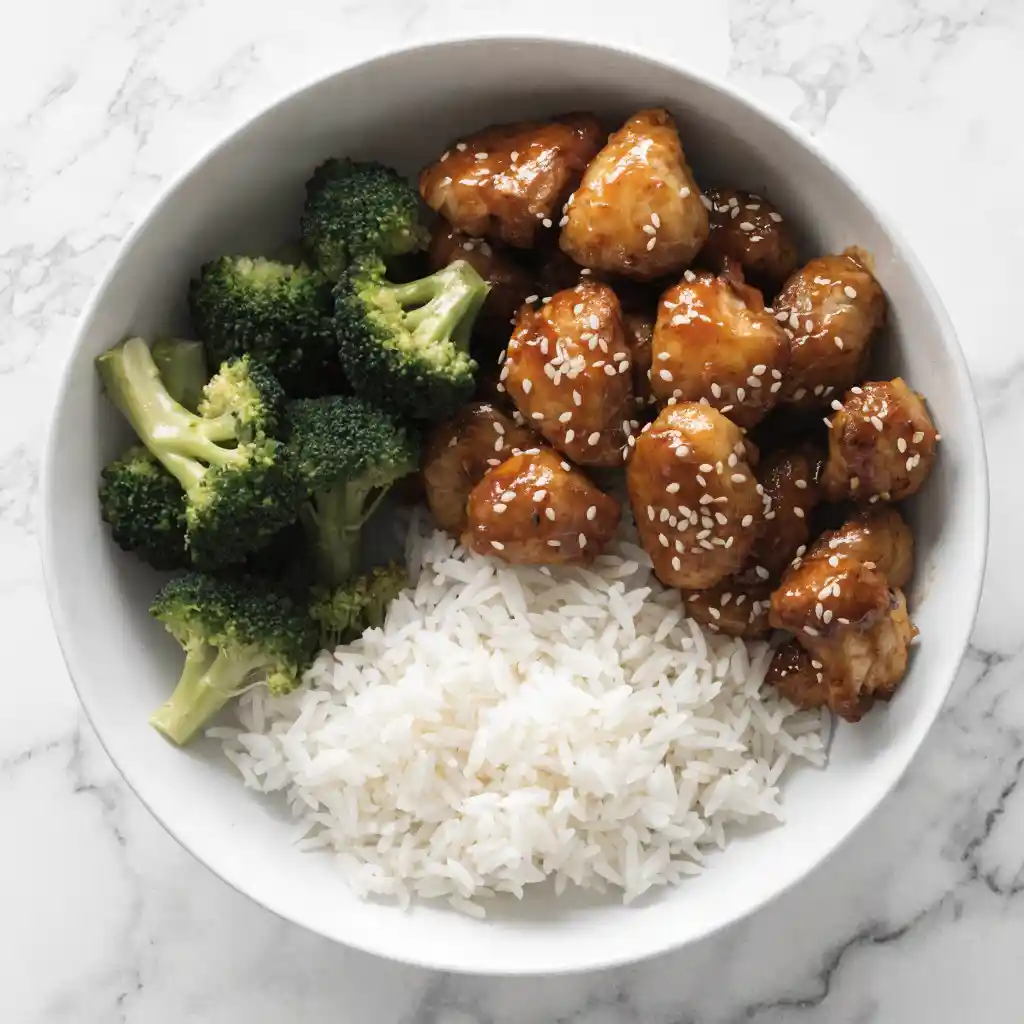 A top-down view of honey garlic chicken meal prep bowls featuring sticky chicken, broccoli, and rice.