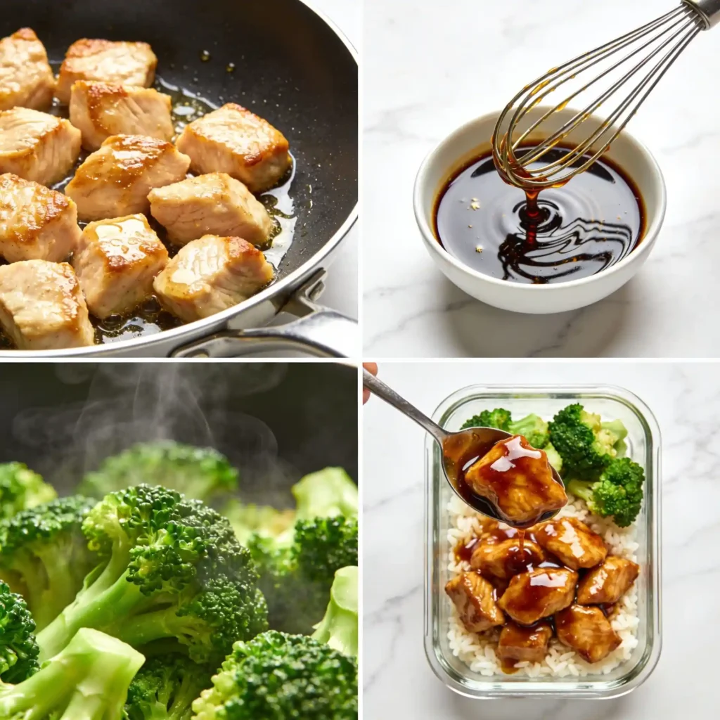 A four-panel image showing the easy steps to make meal prep honey garlic chicken rice bowls.