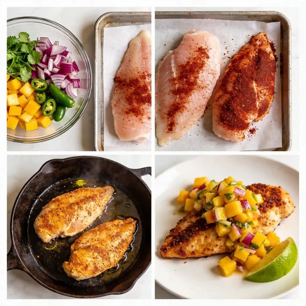 A 4-panel photo grid showing the step-by-step process of how to blacken mahi mahi and make chunky mango salsa.